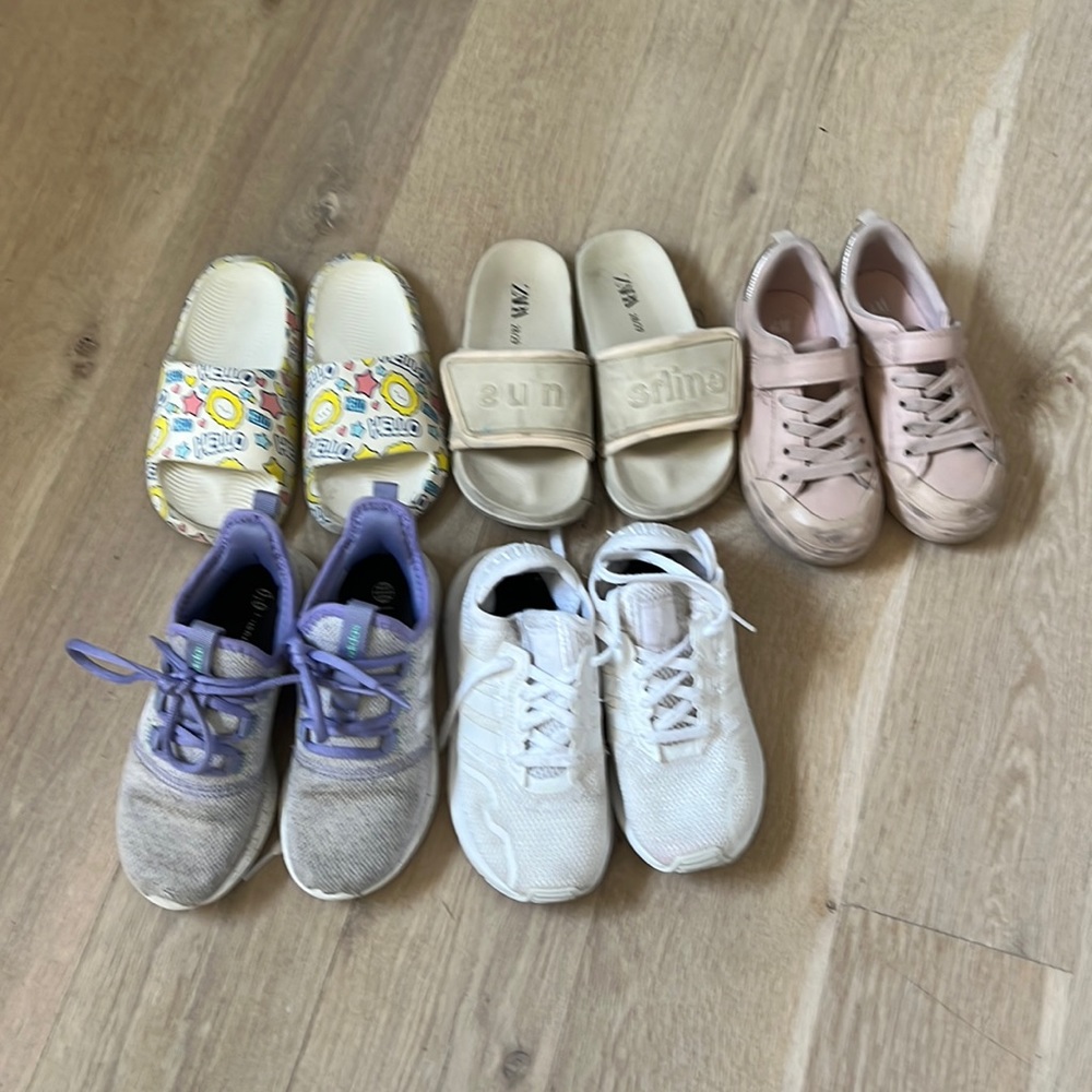 Kids shoes size 12 adidas, h&m size 11. Slippers size 11-12.